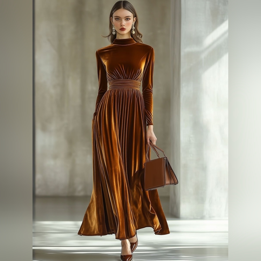 Elegant Brown Velvet Maxi Dress